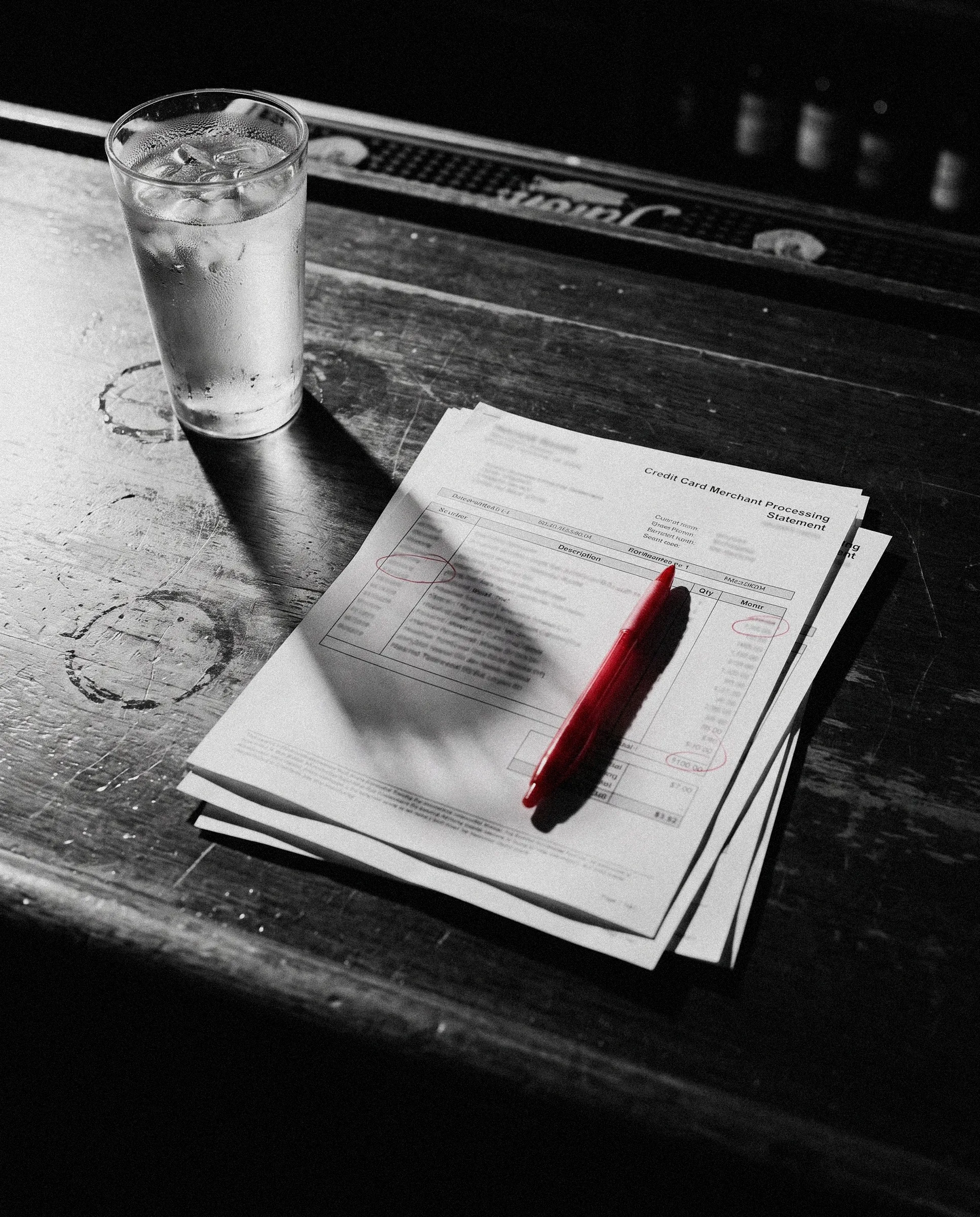 A restaurant processing statement on a bar top marked up in red pen.